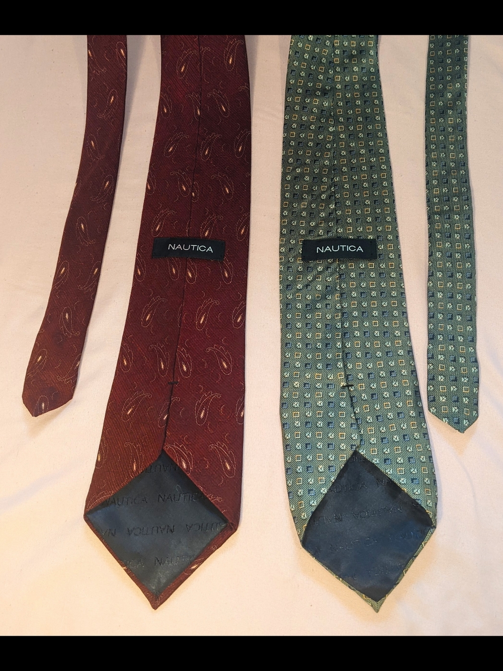 Two Nautica Silk Neckties in Olive Green and Burgundy